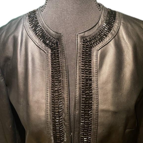 Chico's Black Leather Jacket w/ Bead Trim & Clasp Front - Fall Autumn EUC 0 XS 4 - Picture 5 of 12